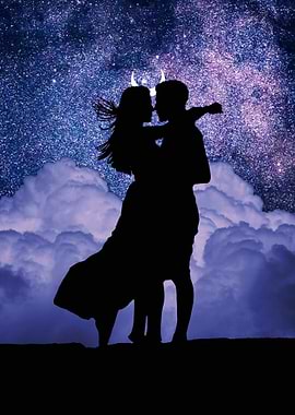 Silhouette Couple with Horns in Embrace