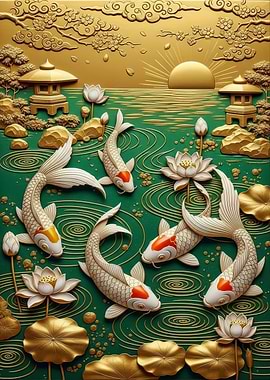 Koi Fish Pond Lotus Flowers