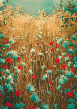 Floral Field with Red and Teal