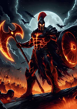 Fiery Spartan Warrior Axe and Shield