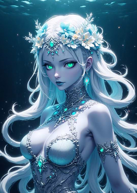 Anime-Style Underwater Ice Queen Portrait