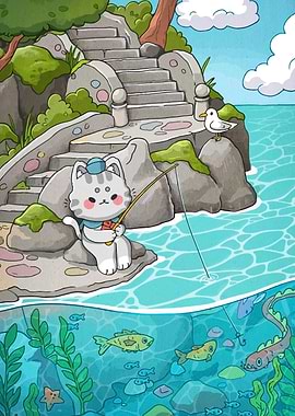 Cartoon Cat Fishing by the Sea