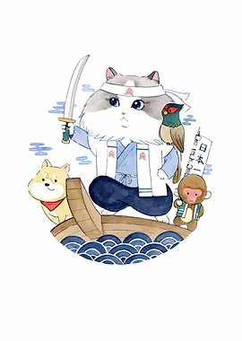 Cat Samurai with Animal Companions