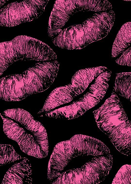 Pink Lips Pattern on Black Background