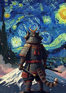 Samurai Cat Starry Night