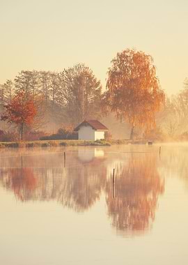 Misty Lake House Reflection