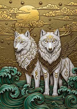 Two mystical wolves on ocean waves