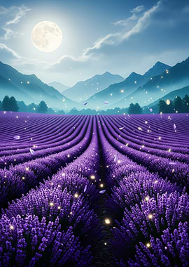 Lavender Field Under Moonlight
