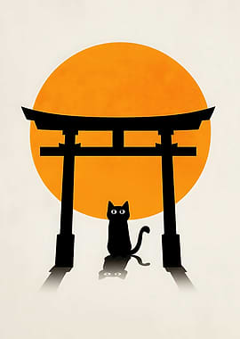 Black Cat Under Torii Gate Silhouette