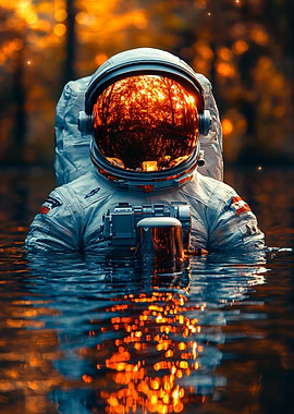 Astronaut in Water Reflecting Forest