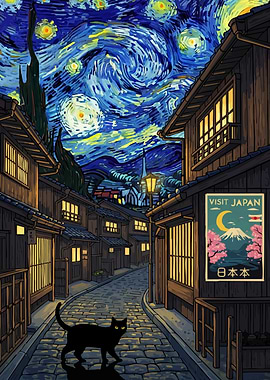 Starry Night Japan Cat