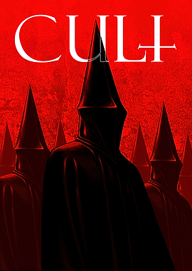 Cult hooded figures on red background