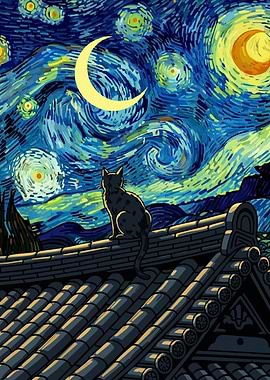 Cat Roof Starry Night Style
