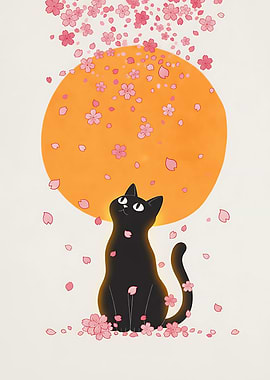 Black cat under cherry blossom moon