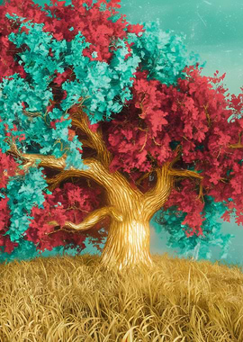 Colorful Tree in Golden Field