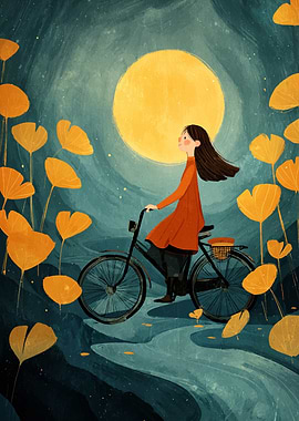 Girl Cycling Under the Moonlight