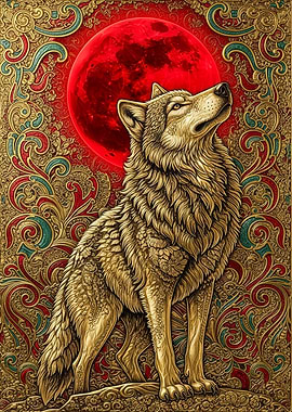 Golden Wolf and Red Moon Art