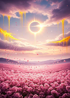 Pink Blossom Field with Solar Eclipse