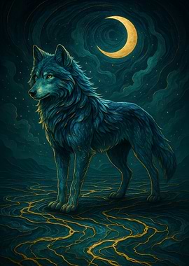Blue Wolf Under Crescent Moon