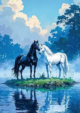 Black and White Horses on Island