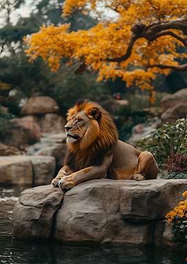 Lion Resting on Rock by Water