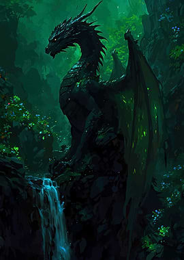 Dragon Perched Above Waterfall