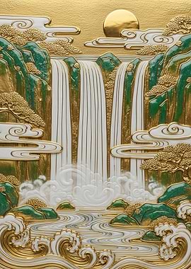 Golden Waterfall Landscape Art