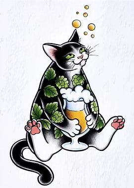 Cat with Beer and Hop Pattern