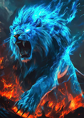 Blue Fire Lion Roaring
