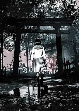 Schoolgirl at Torii Gate in Forest
