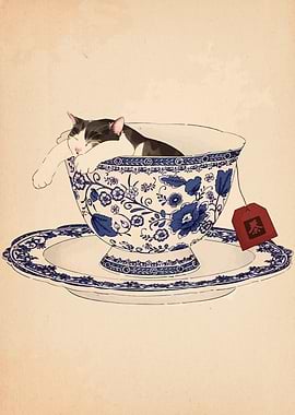 Cat Nap in Teacup Illustration
