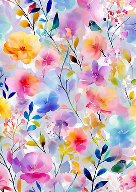 Watercolor Floral Pattern with Birds