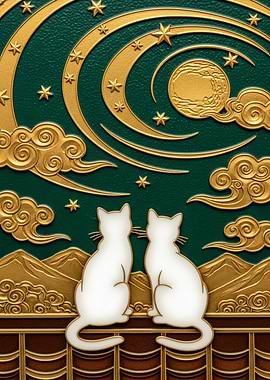 Cats Gazing at Moonlit Sky