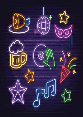 Neon Party Icons on Brick Wall