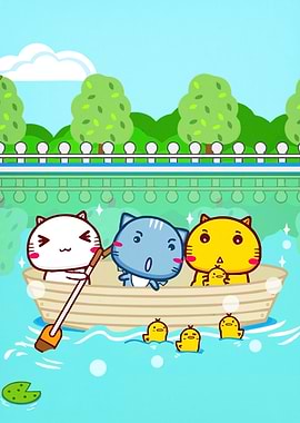 Cats Rowing Boat Ducklings