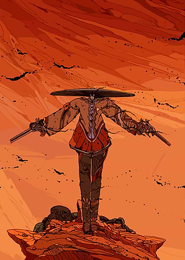 Standing Figure with Guns in Orange Landscape