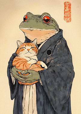 Frog in Kimono Holding Cat