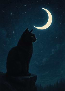 Black Cat Under Crescent Moon