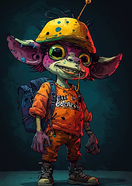 Cartoon Alien Character with Backpack