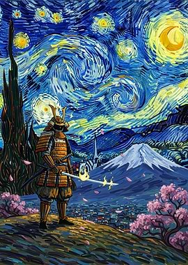 Samurai in Starry Night Style