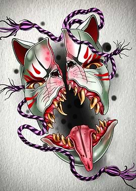 Split Kitsune Mask with Teeth and Tongue