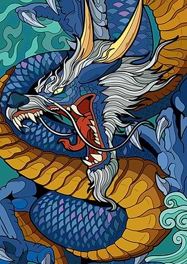 Blue and Gold Dragon Illustration