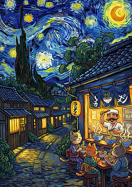 Cats Eating Ramen Starry Night