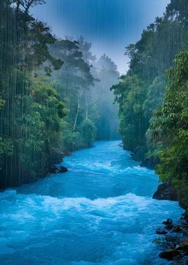 Rainy River in Lush Forest