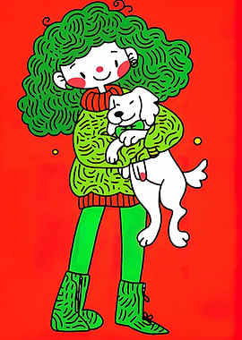 Girl Holding Dog Cartoon Illustration