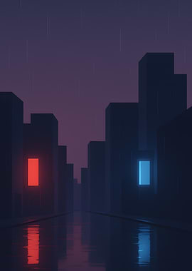 Rainy Cityscape with Glowing Windows