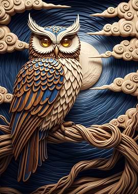 Owl Perched on Branch Under Moonlight