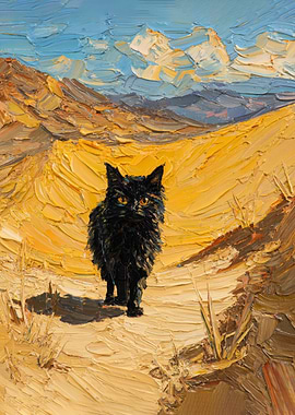 Black Cat in Desert Landscape Painting