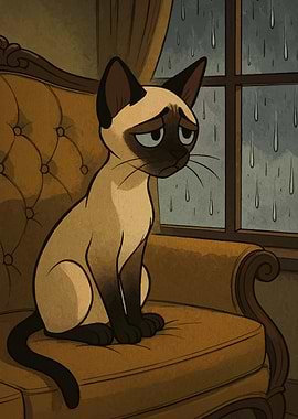 Sad Siamese Cat on Rainy Day