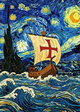Caravel Ship Starry Night Style